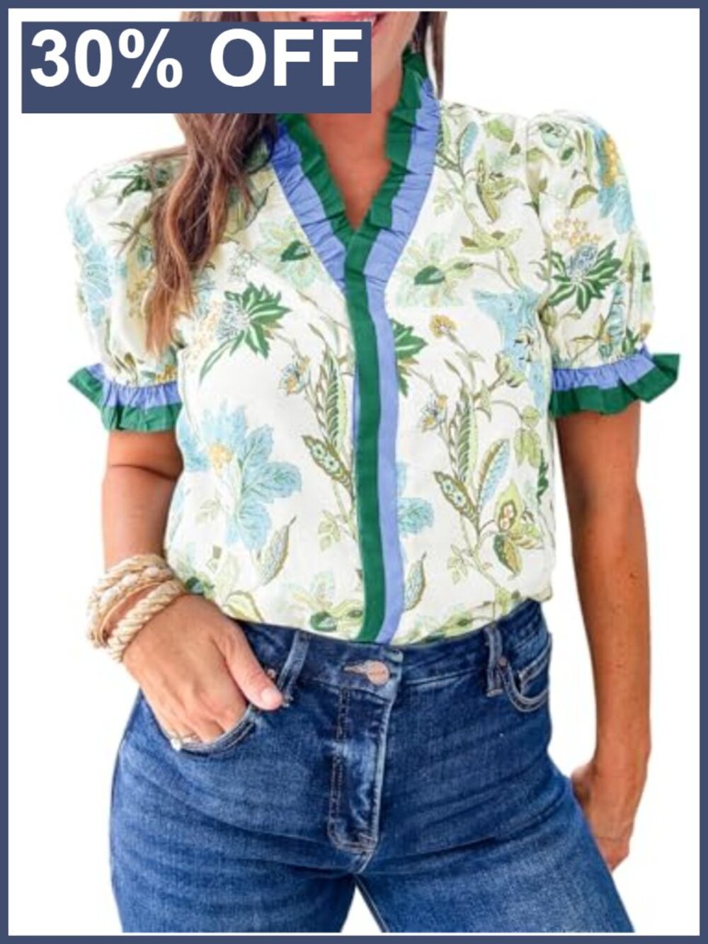 Womens Summer Floral Print Button Down Blouse Puff Sleeve V-Neck Top